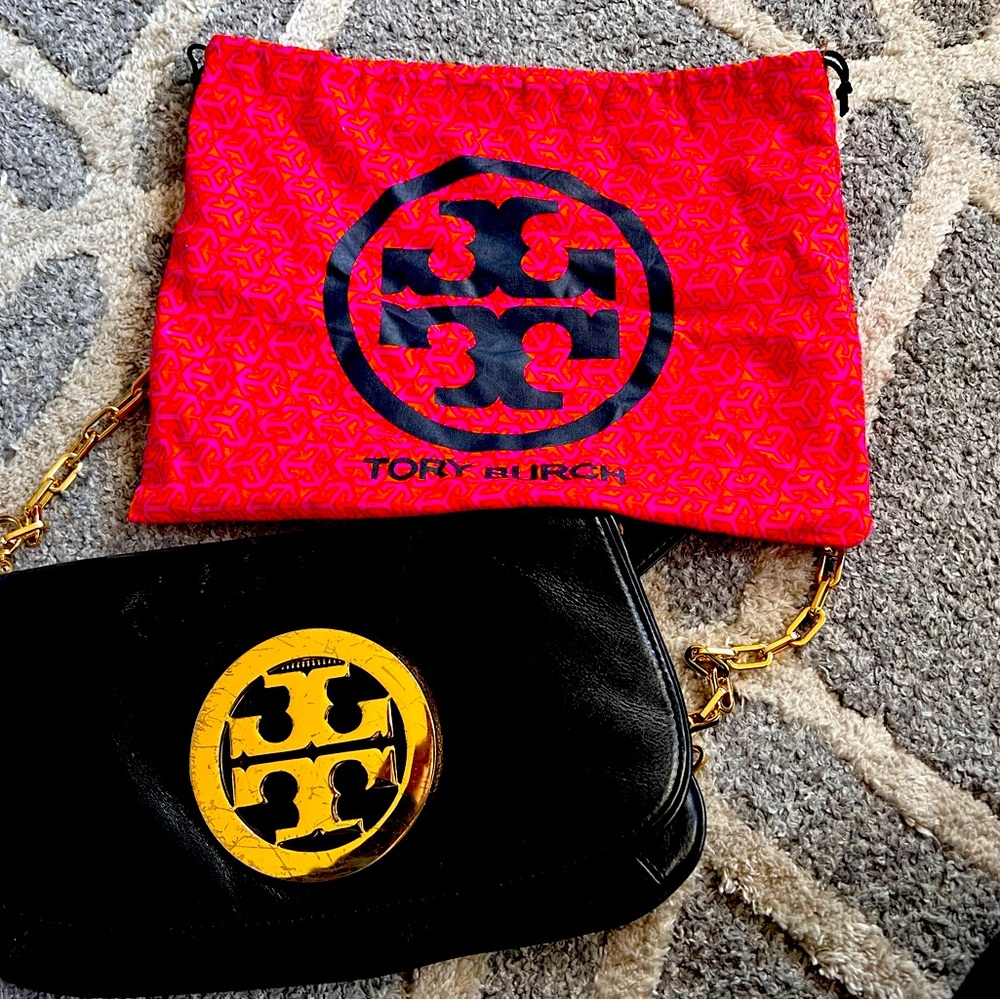Tory burch purse black and gold chain link